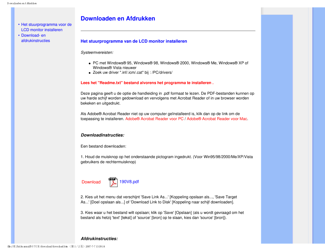 Philips 190V8 user manual Downloaden en Afdrukken, Het stuurprogramma van de LCD monitor installeren 