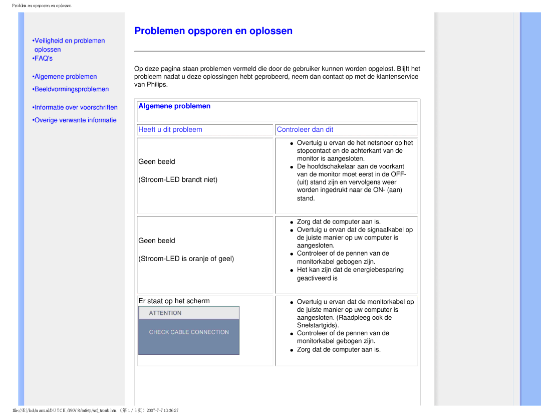 Philips 190V8 user manual Problemen opsporen en oplossen, Algemene problemen 