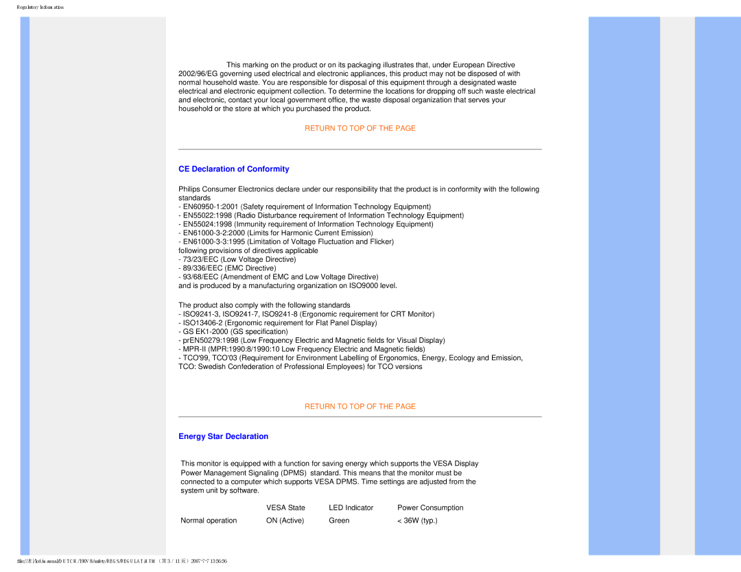 Philips 190V8 user manual CE Declaration of Conformity, Energy Star Declaration 