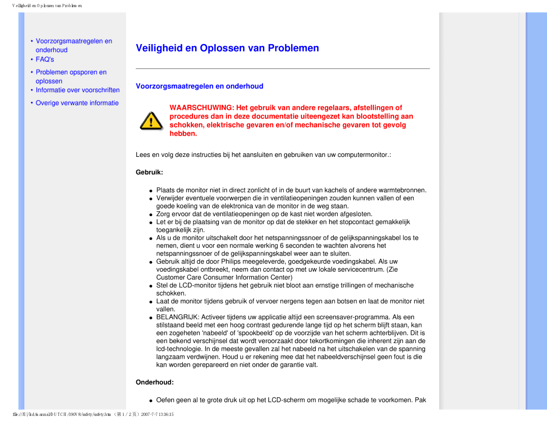 Philips 190V8 user manual Veiligheid en Oplossen van Problemen, Voorzorgsmaatregelen en onderhoud, Gebruik, Onderhoud 