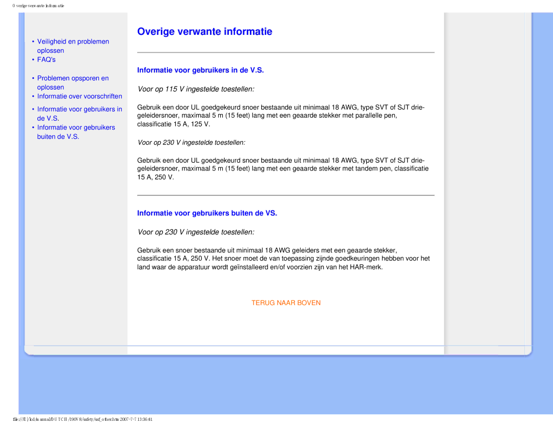 Philips 190V8 Overige verwante informatie, Informatie voor gebruikers in de V.S, Informatie voor gebruikers buiten de VS 