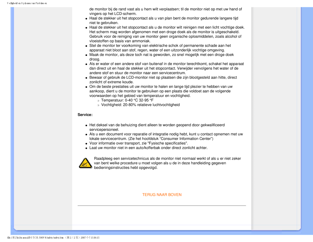 Philips 190V8 user manual Service, Terug Naar Boven 