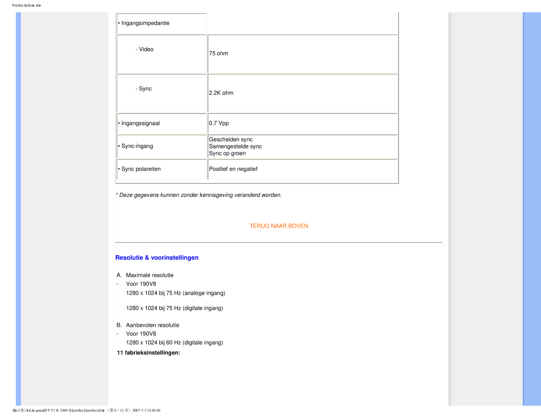 Philips 190V8 user manual Resolutie & voorinstellingen 