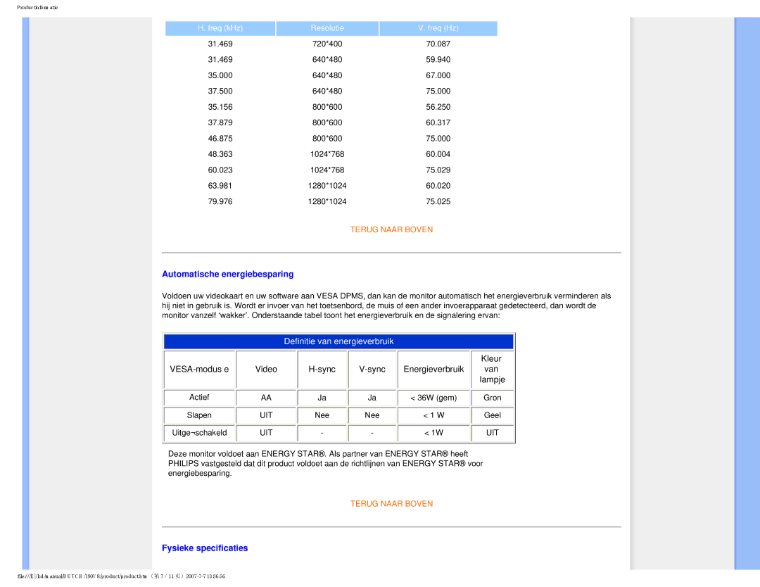 Philips 190V8 user manual Automatische energiebesparing 