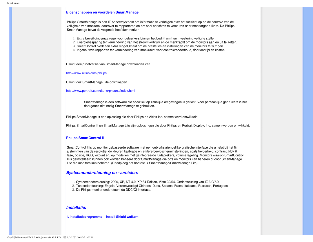 Philips 190V8 user manual Eigenschappen en voordelen SmartManage, Installatieprogramma Install Shield welkom 