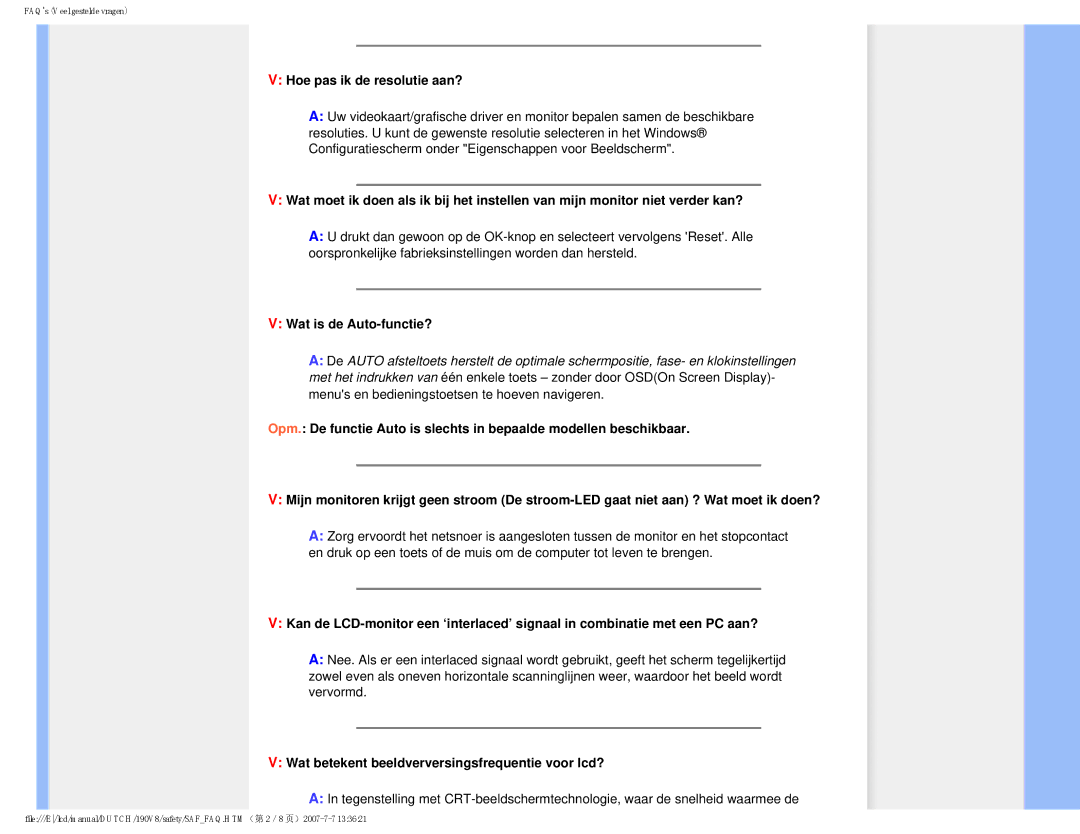 Philips 190V8 Hoe pas ik de resolutie aan?, Wat is de Auto-functie?, Wat betekent beeldverversingsfrequentie voor lcd? 