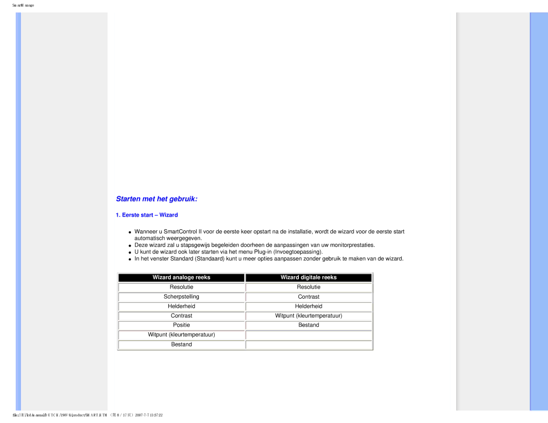 Philips 190V8 user manual Starten met het gebruik, Eerste start Wizard 