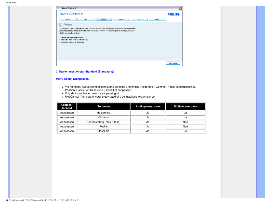 Philips 190V8 user manual Starten met venster Standard Standaard Menu Adjust Aanpassen 