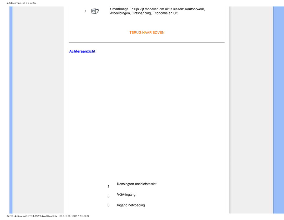 Philips 190V8 user manual Achteraanzicht, Kensington-antidiefstalslot VGA-ingang Ingang netvoeding 