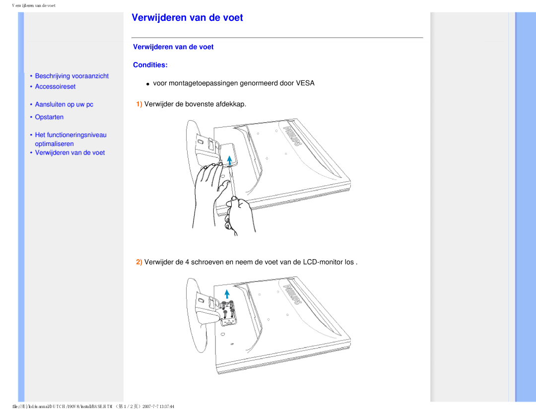 Philips 190V8 user manual Verwijderen van de voet Condities 