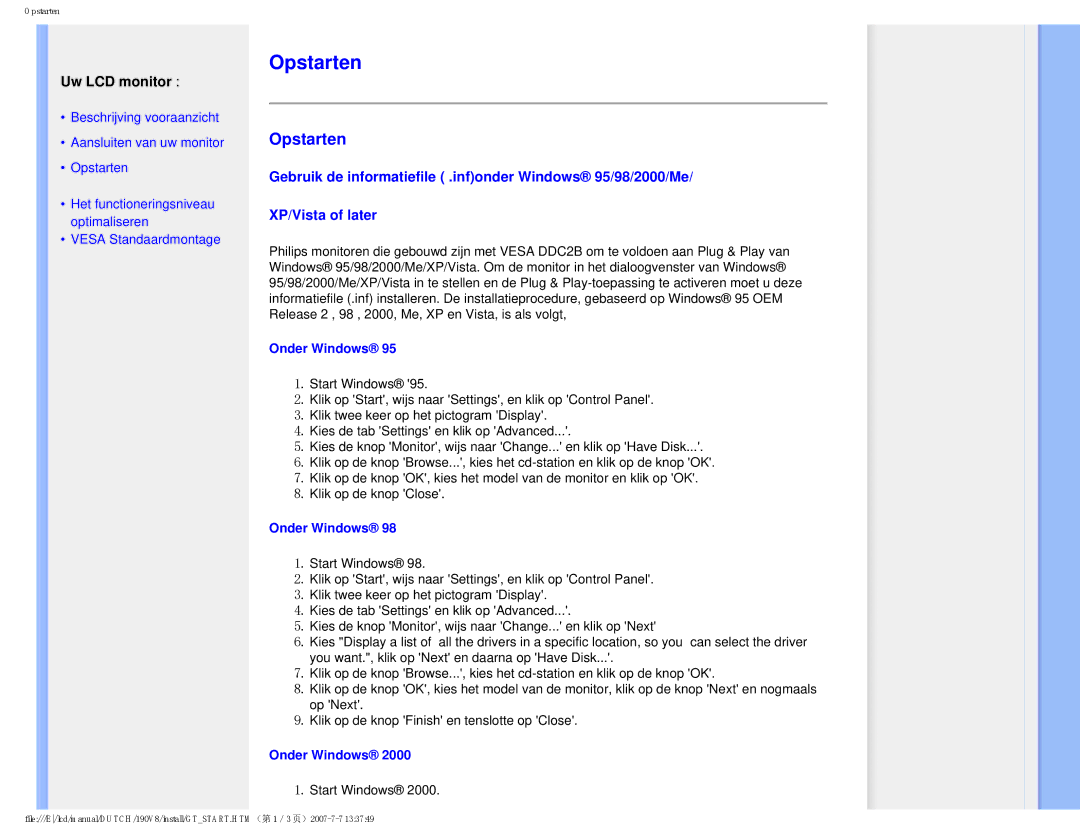 Philips 190V8 user manual Opstarten, Uw LCD monitor 