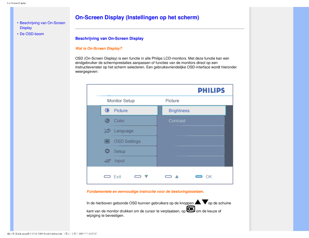 Philips 190V8 user manual On-Screen Display Instellingen op het scherm, Beschrijving van On-Screen Display 