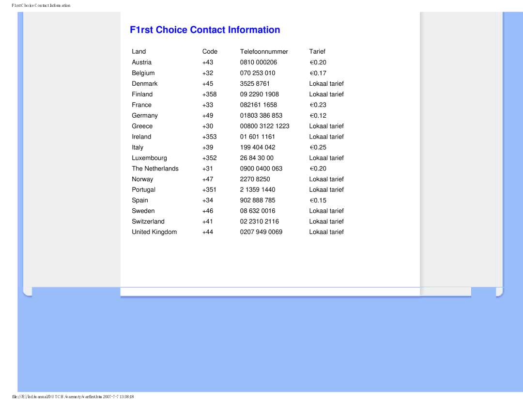 Philips 190V8 user manual F1rst Choice Contact Information 