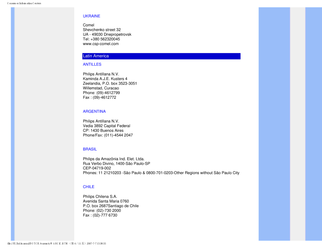 Philips 190V8 user manual Ukraine, Antilles, Argentina, Brasil, Chile 