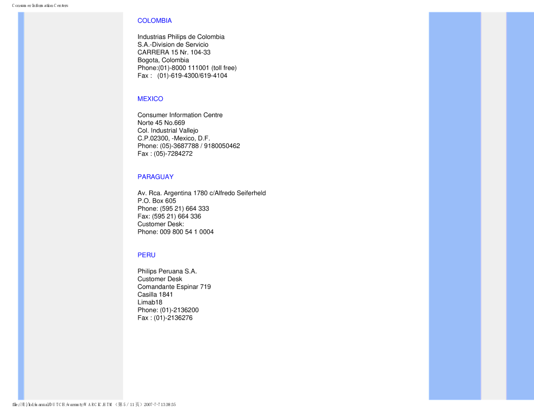 Philips 190V8 user manual Colombia, Mexico, Paraguay, Peru 