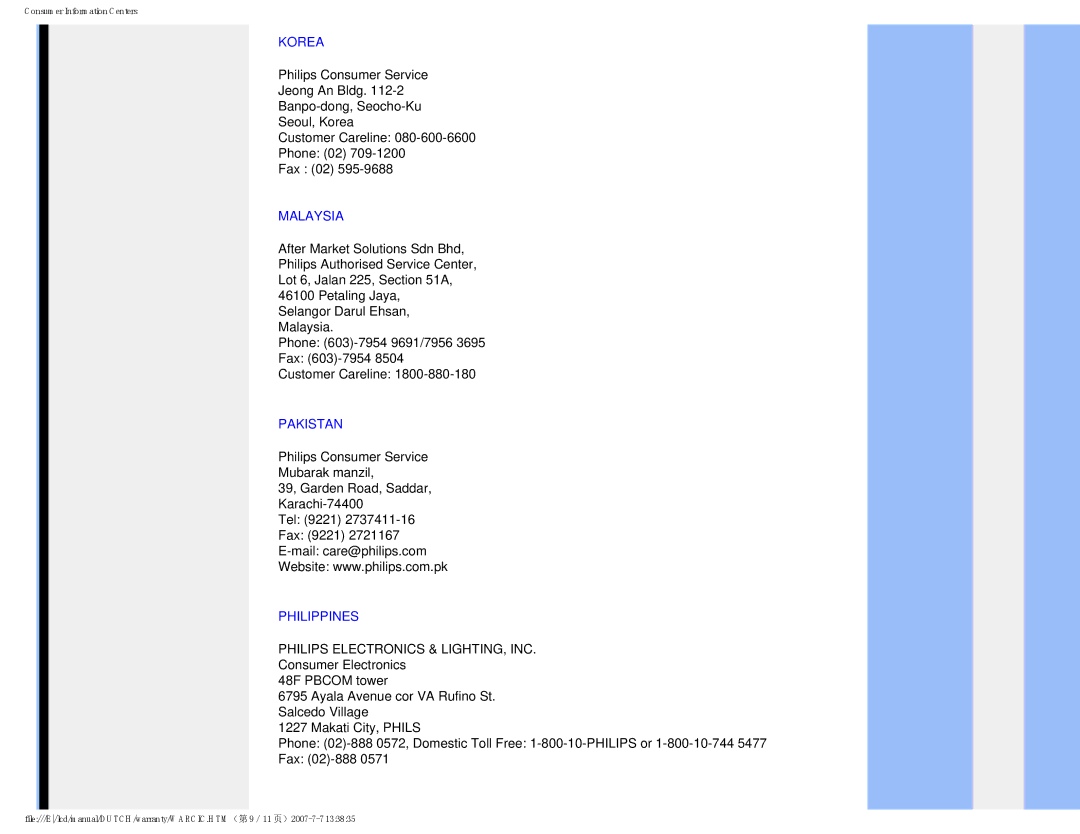 Philips 190V8 user manual Korea, Malaysia, Pakistan, Philippines 