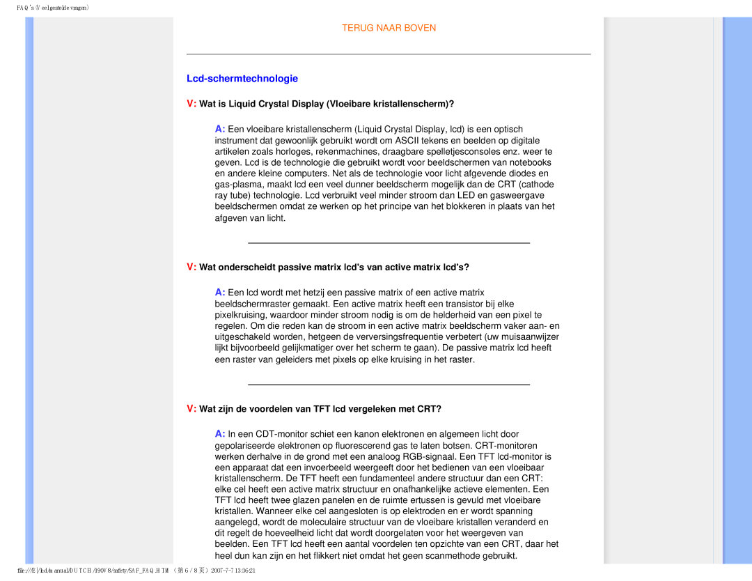 Philips 190V8 user manual Lcd-schermtechnologie, Wat is Liquid Crystal Display Vloeibare kristallenscherm? 