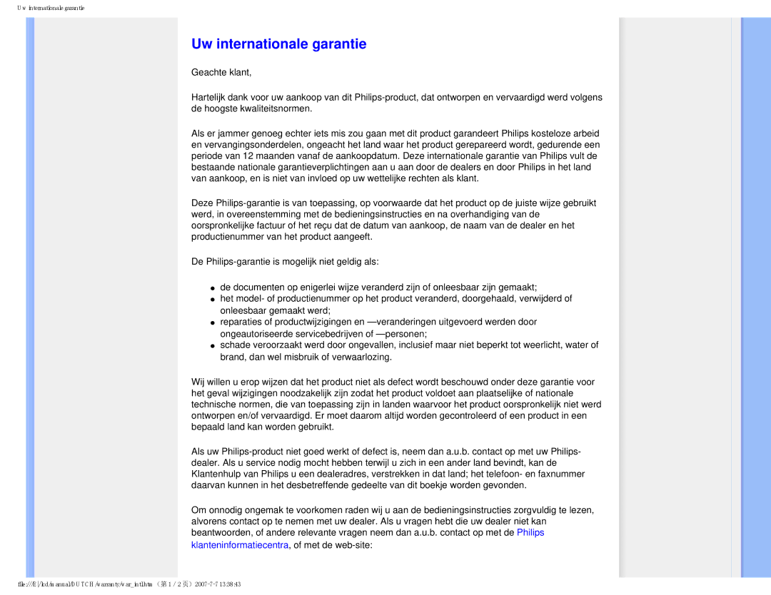 Philips 190V8 user manual Uw internationale garantie, Klanteninformatiecentra, of met de web-site 