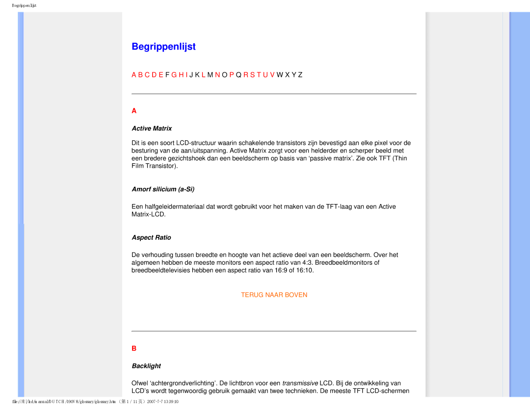 Philips 190V8 user manual Begrippenlijst, Active Matrix, Amorf silicium a-Si, Aspect Ratio, Backlight 