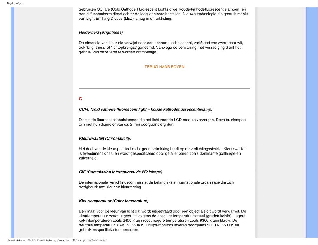 Philips 190V8 user manual Helderheid Brightness, Kleurkwaliteit Chromaticity, CIE Commission International de IEclairage 