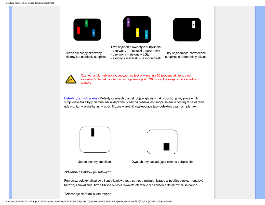 Philips 190V8 user manual Zbliżenie defektów pikselowych, Tolerancje defektu pikselowego 