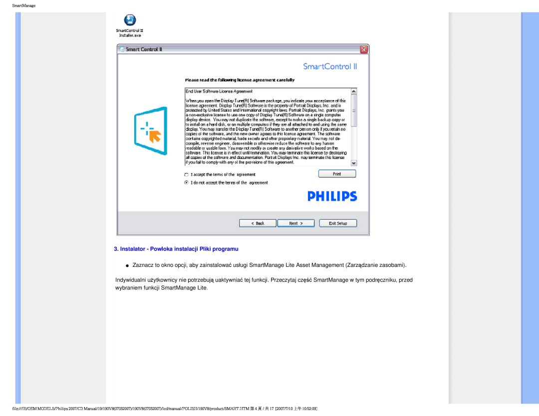 Philips 190V8 user manual Instalator - Powłoka instalacji Pliki programu, SmartManage 