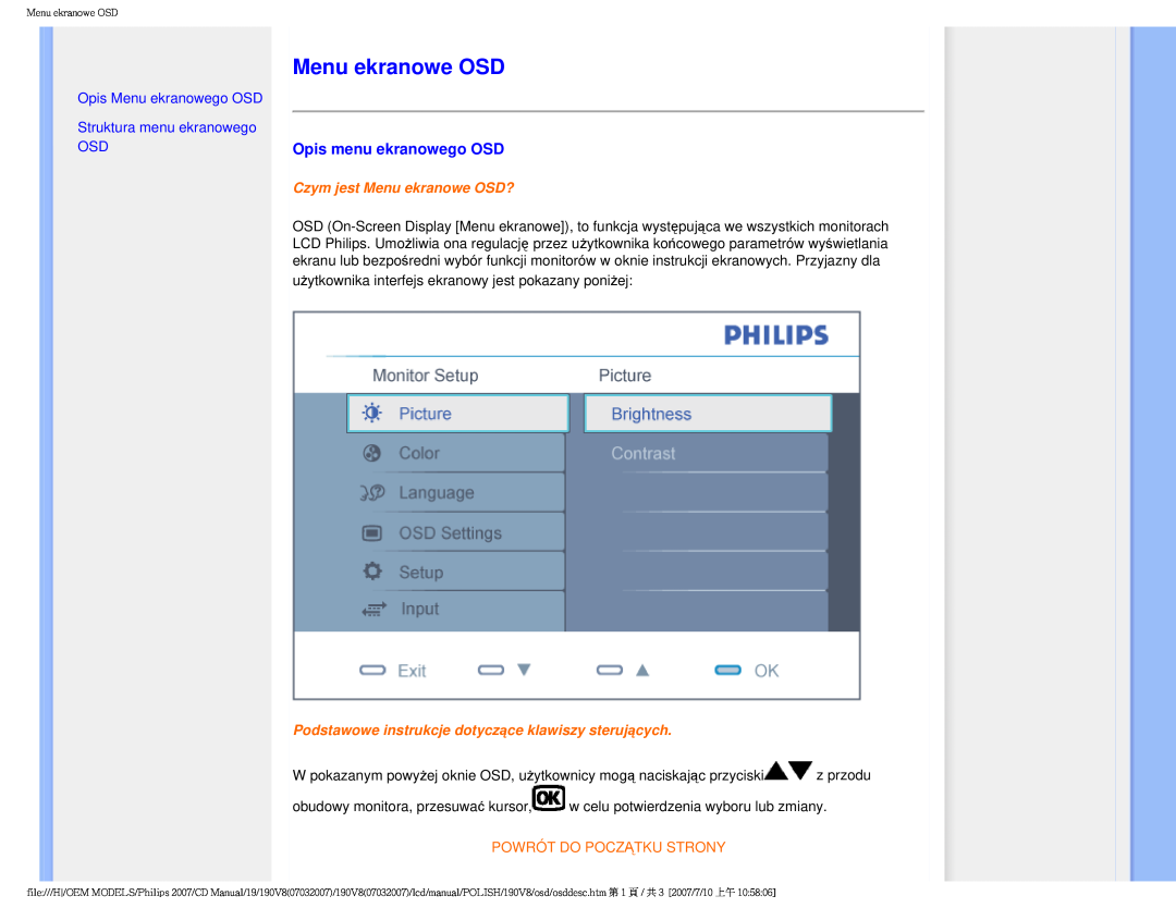 Philips 190V8 Menu ekranowe OSD, Opis menu ekranowego OSD, Opis Menu ekranowego OSD, Struktura menu ekranowego OSD 