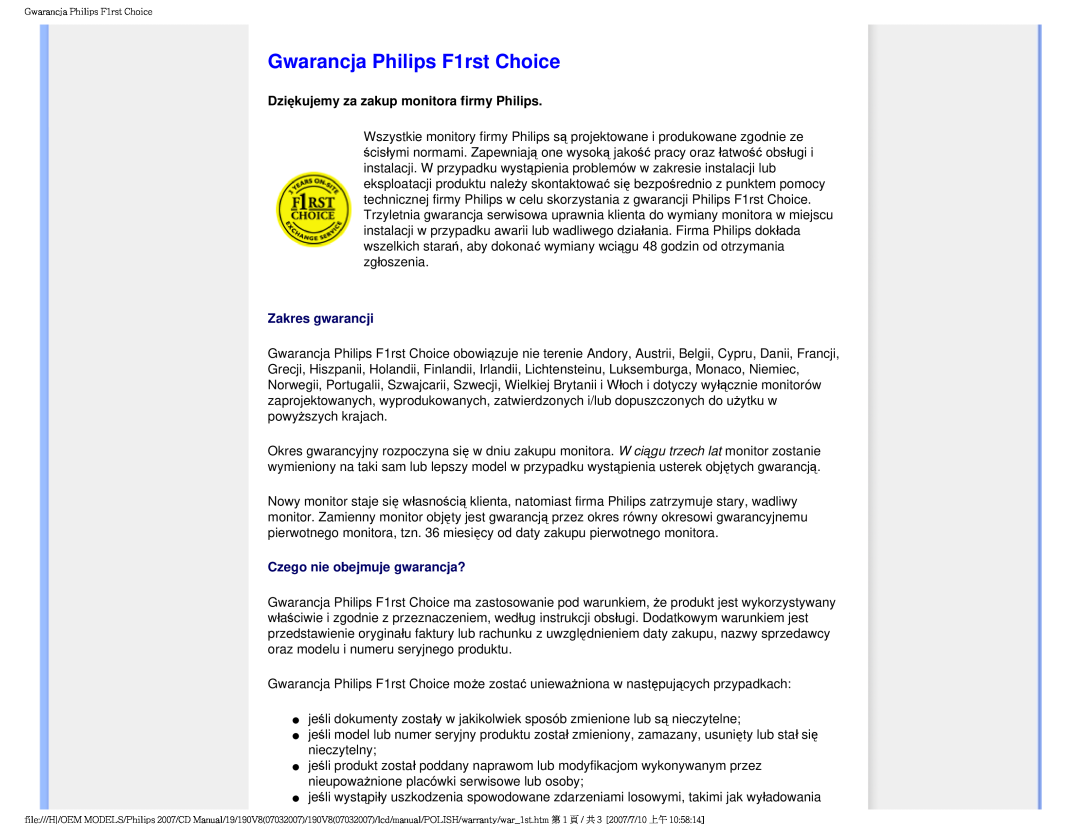 Philips 190V8 user manual Gwarancja Philips F1rst Choice, Dziękujemy za zakup monitora firmy Philips, Zakres gwarancji 