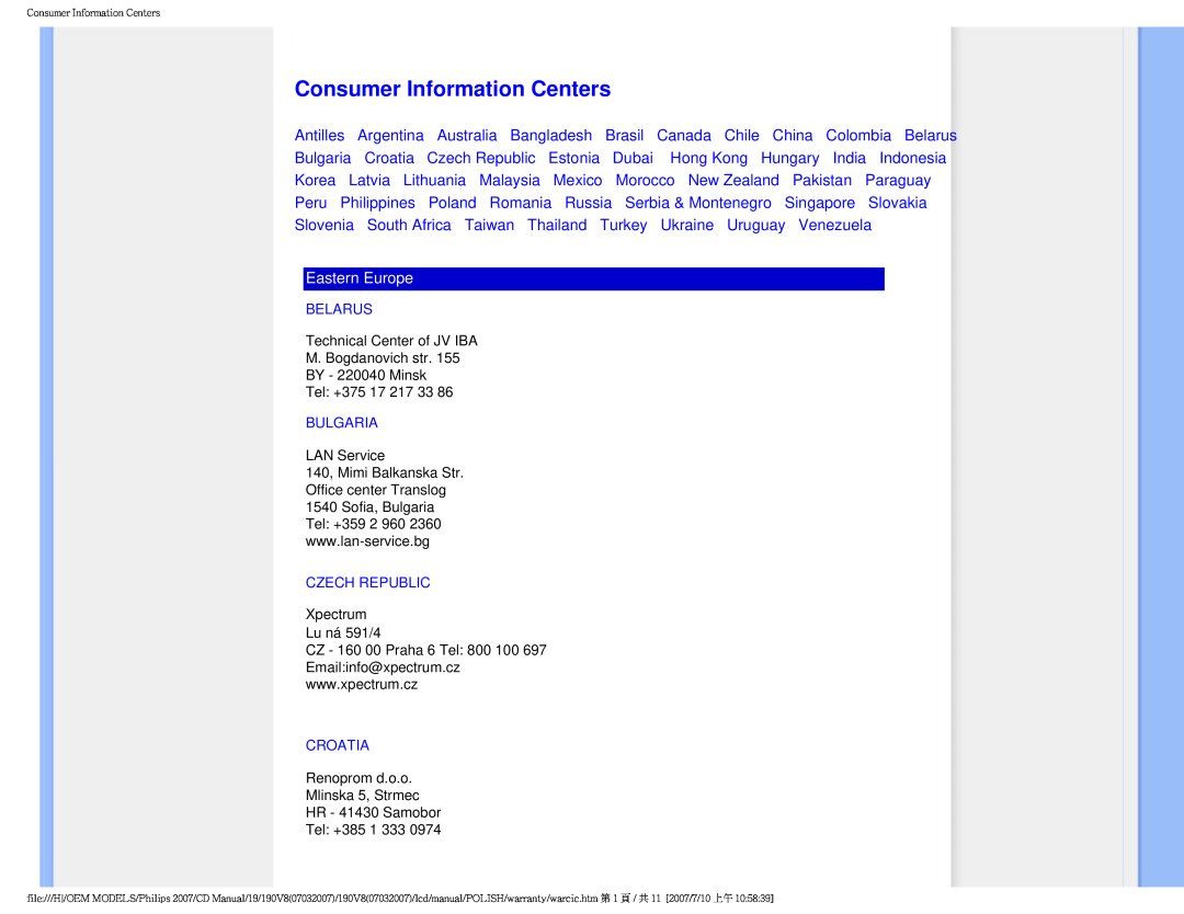 Philips 190V8 user manual Consumer Information Centers, Eastern Europe 