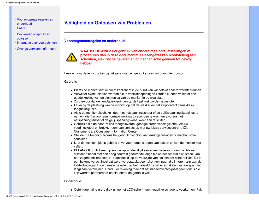 Philips 190V8 Veiligheid en Oplossen van Problemen, Voorzorgsmaatregelen en onderhoud, Problemen opsporen en oplossen 