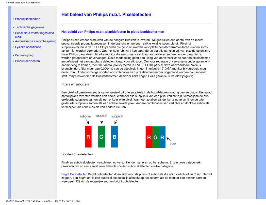 Philips 190V8 Het beleid van Philips m.b.t. Pixeldefecten, Productkenmerken Technische gegevens, Productaanzichten 