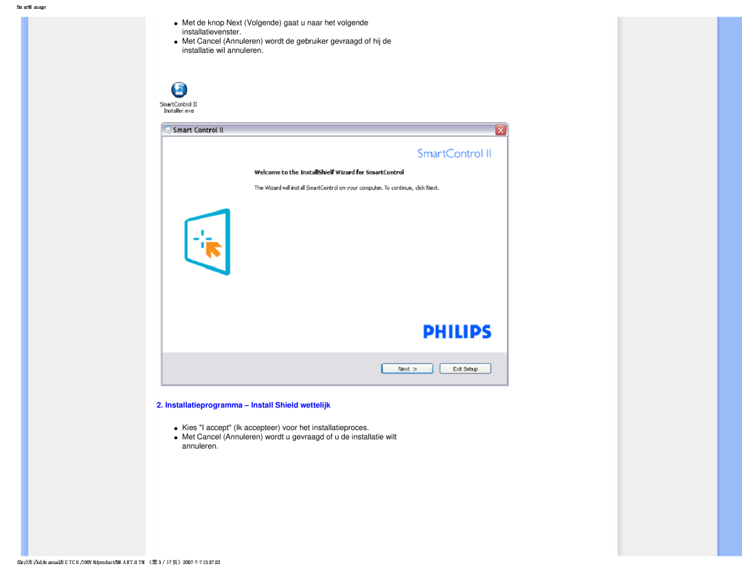Philips 190V8 user manual Installatieprogramma - Install Shield wettelijk, SmartManage 