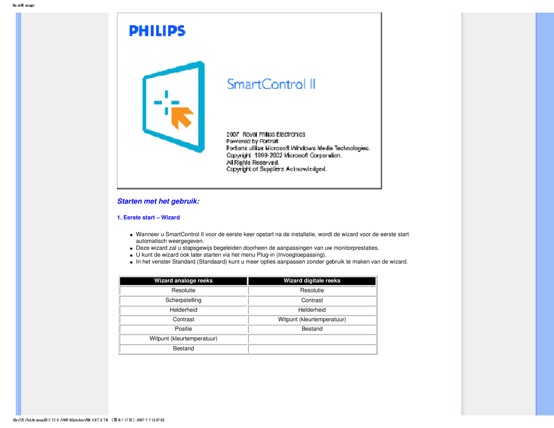 Philips 190V8 user manual Starten met het gebruik, Eerste start - Wizard 