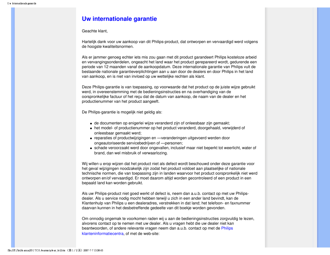 Philips 190V8 user manual Uw internationale garantie, klanteninformatiecentra, of met de web-site 