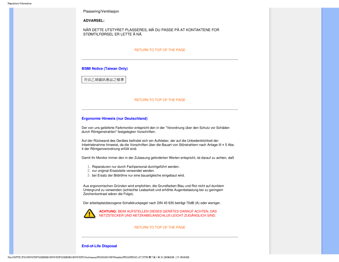 Philips 190V9 user manual Advarsel, BSMI Notice Taiwan Only, Ergonomie Hinweis nur Deutschland, End-of-Life Disposal 