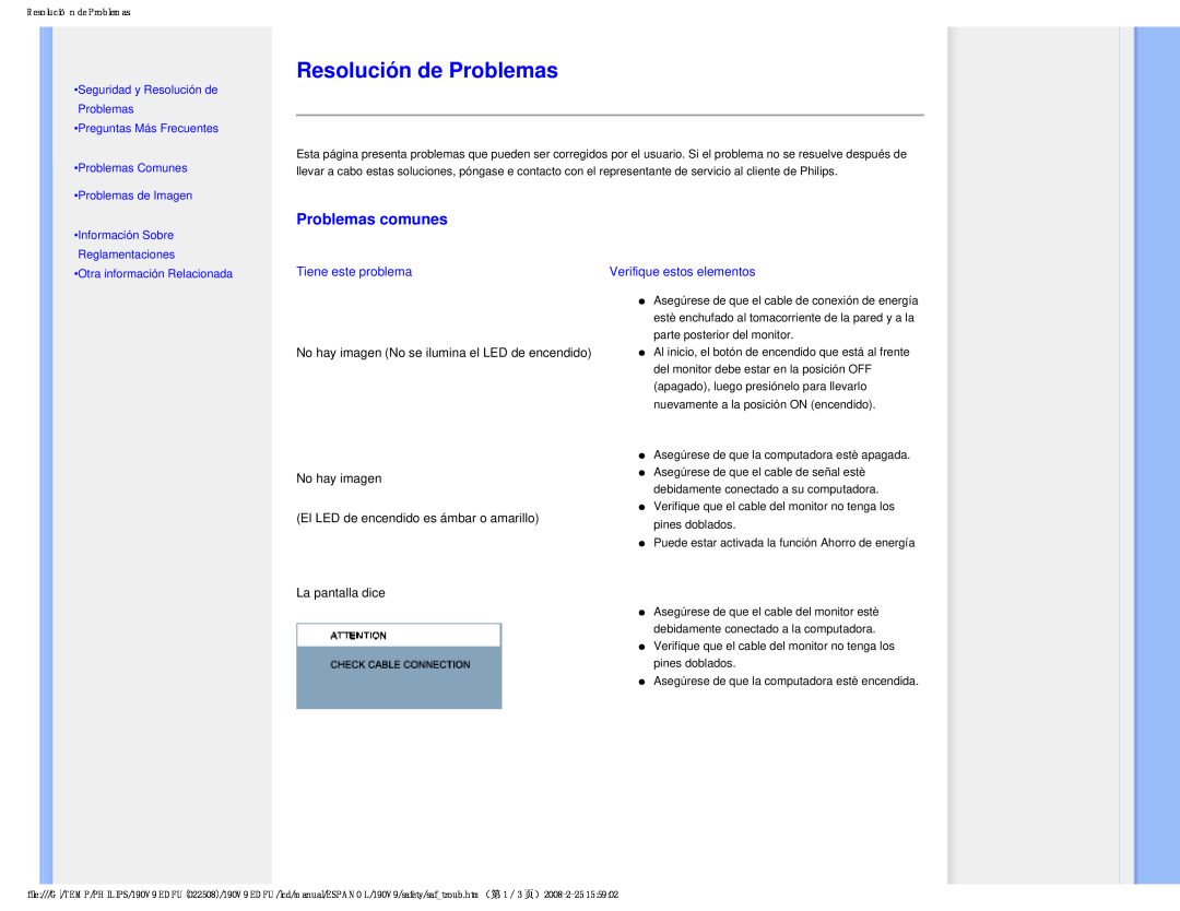 Philips 190V9 Resolución de Problemas, Problemas comunes, •Preguntas Más Frecuentes, •Información Sobre Reglamentaciones 