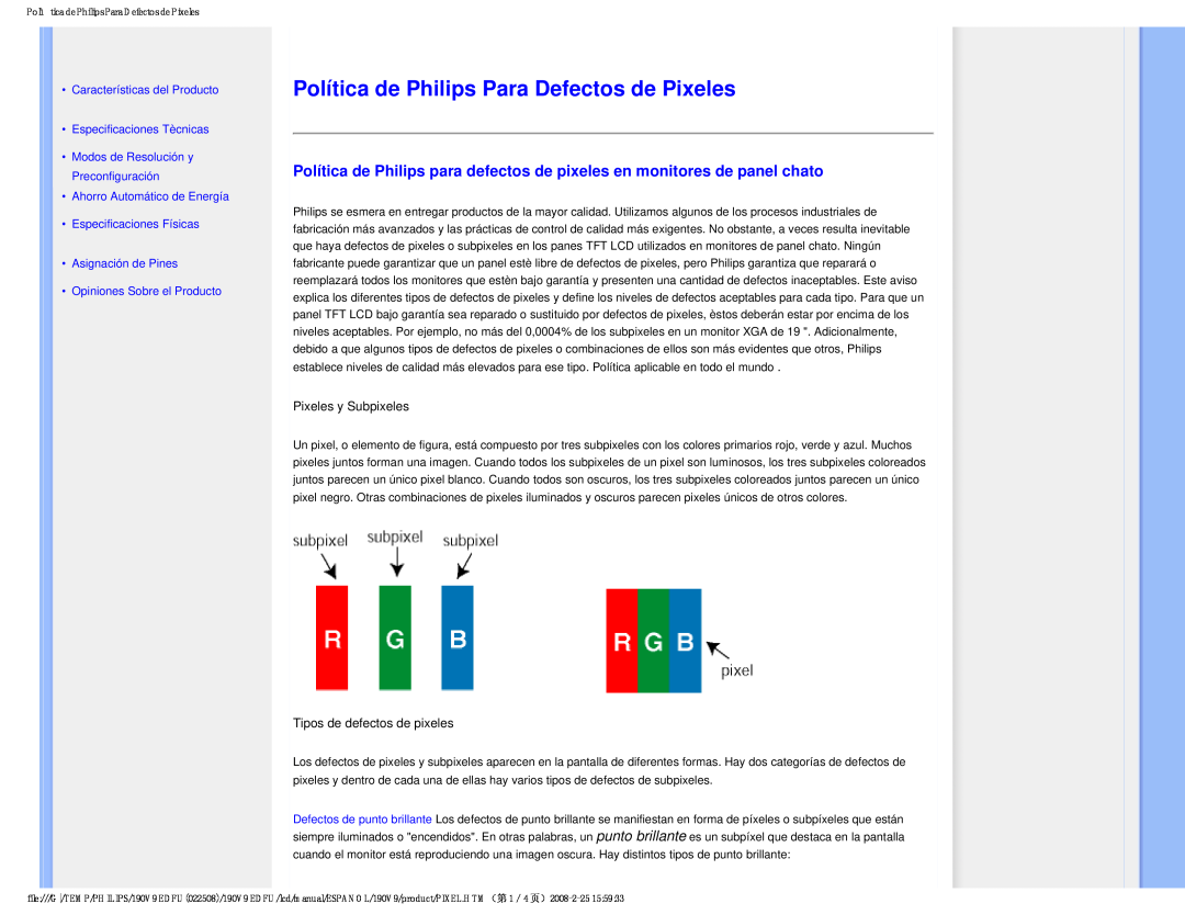 Philips 190V9 Política de Philips Para Defectos de Pixeles, •Características del Producto, •Especificaciones Tècnicas 