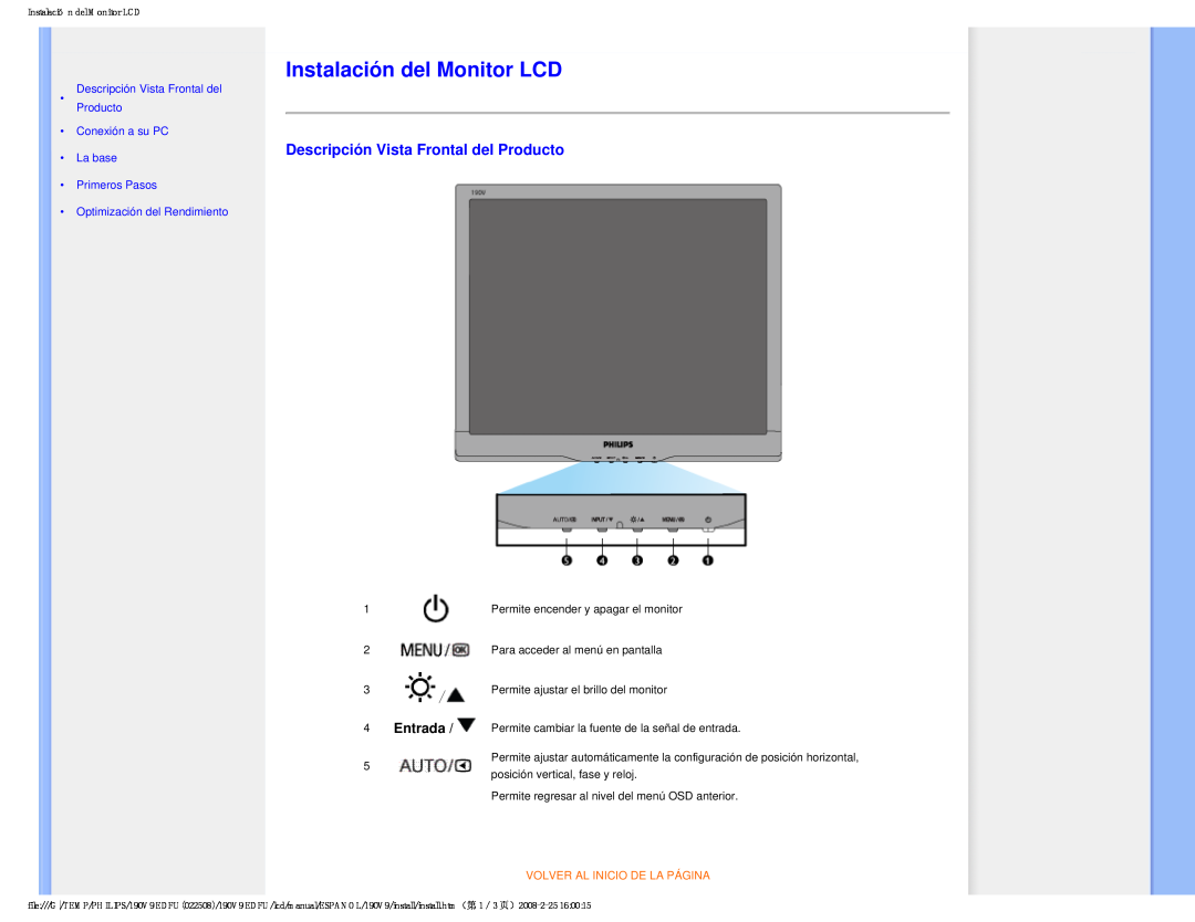 Philips 190V9 Instalación del Monitor LCD, •Descripción Vista Frontal del Producto, •Optimización del Rendimiento 