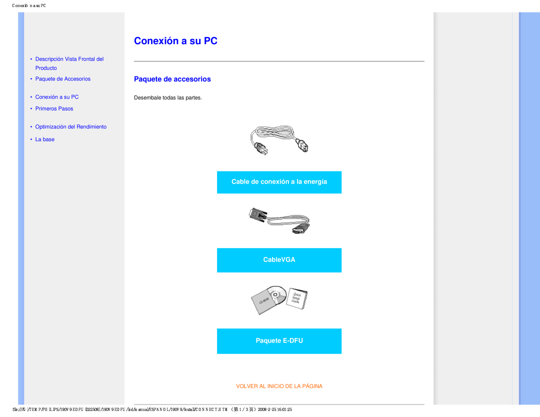Philips 190V9 Conexión a su PC, Paquete de accesorios, •Descripción Vista Frontal del Producto, •La base, Paquete E-DFU 