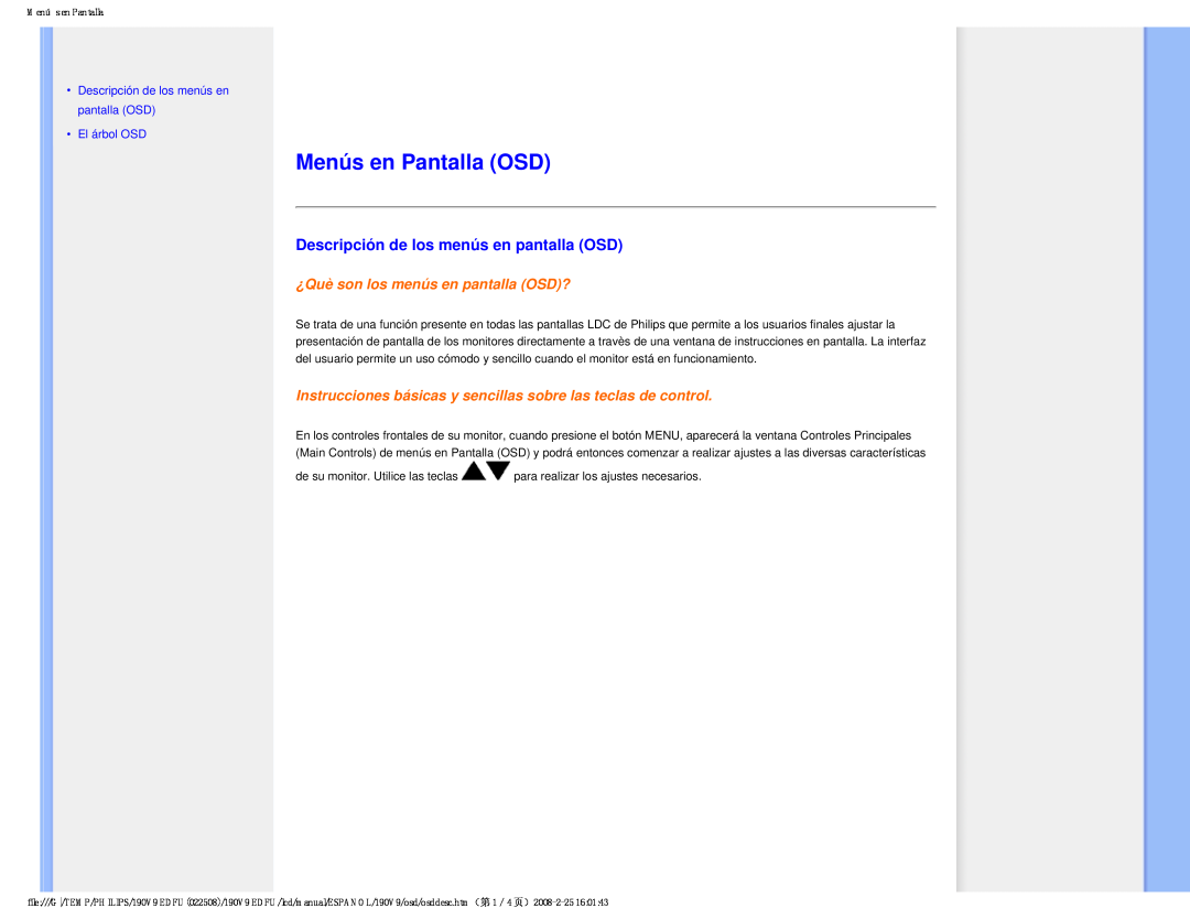 Philips 190V9 user manual Menús en Pantalla OSD, Descripción de los menús en pantalla OSD, •El árbol OSD 