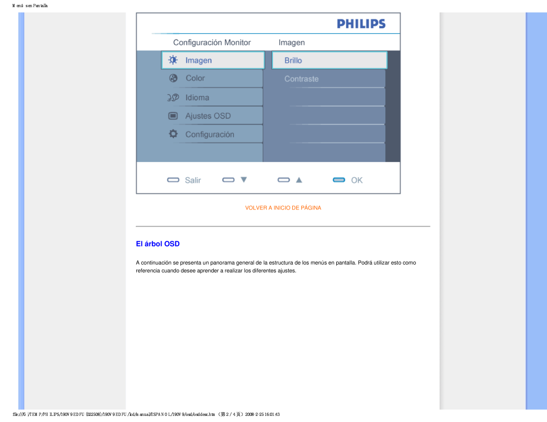 Philips 190V9 user manual El árbol OSD, Volver A Inicio De Página, Menús en Pantalla 