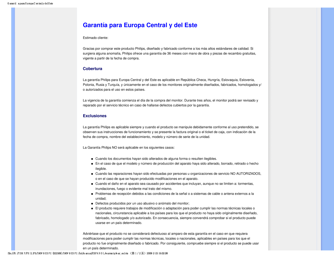 Philips 190V9 user manual Garantía para Europa Central y del Este, Cobertura, Exclusiones 