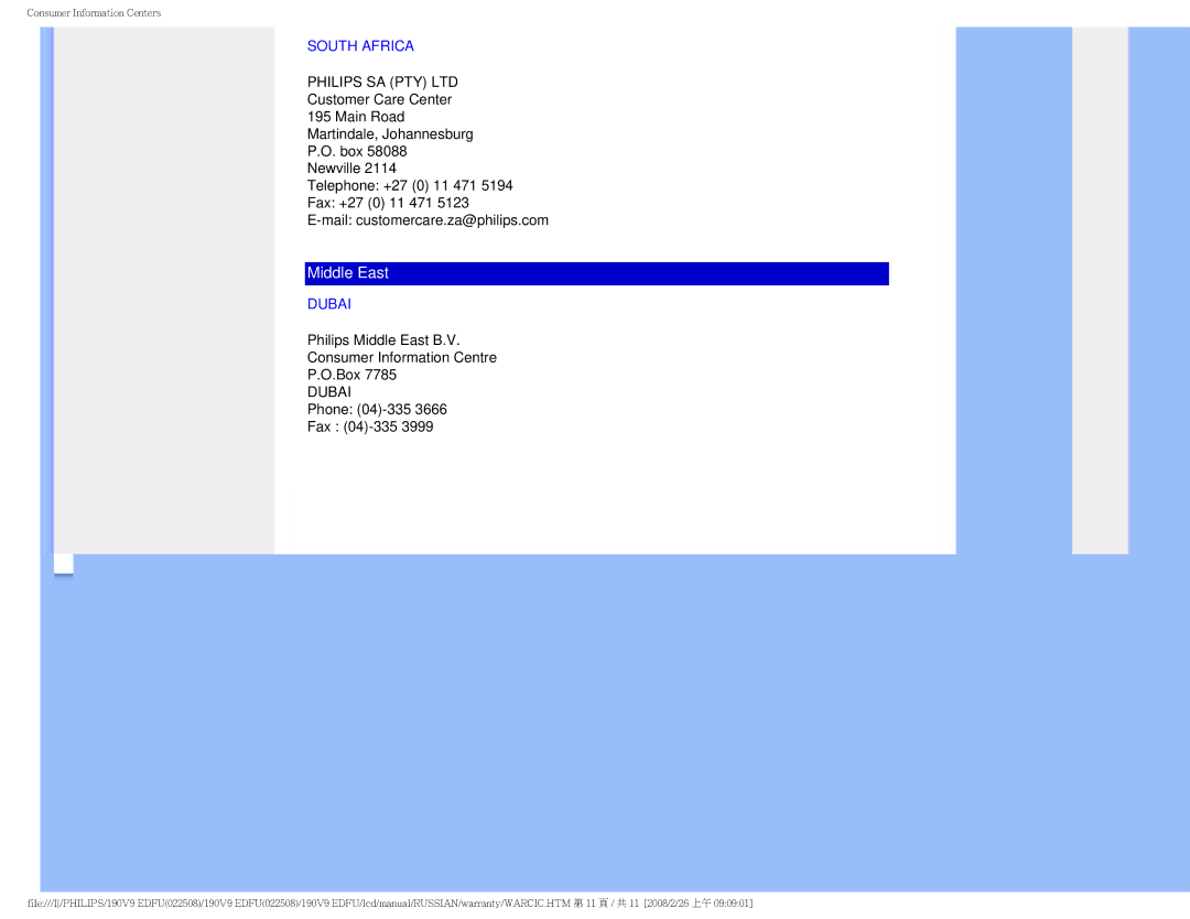 Philips 190V9 user manual South Africa, Dubai 