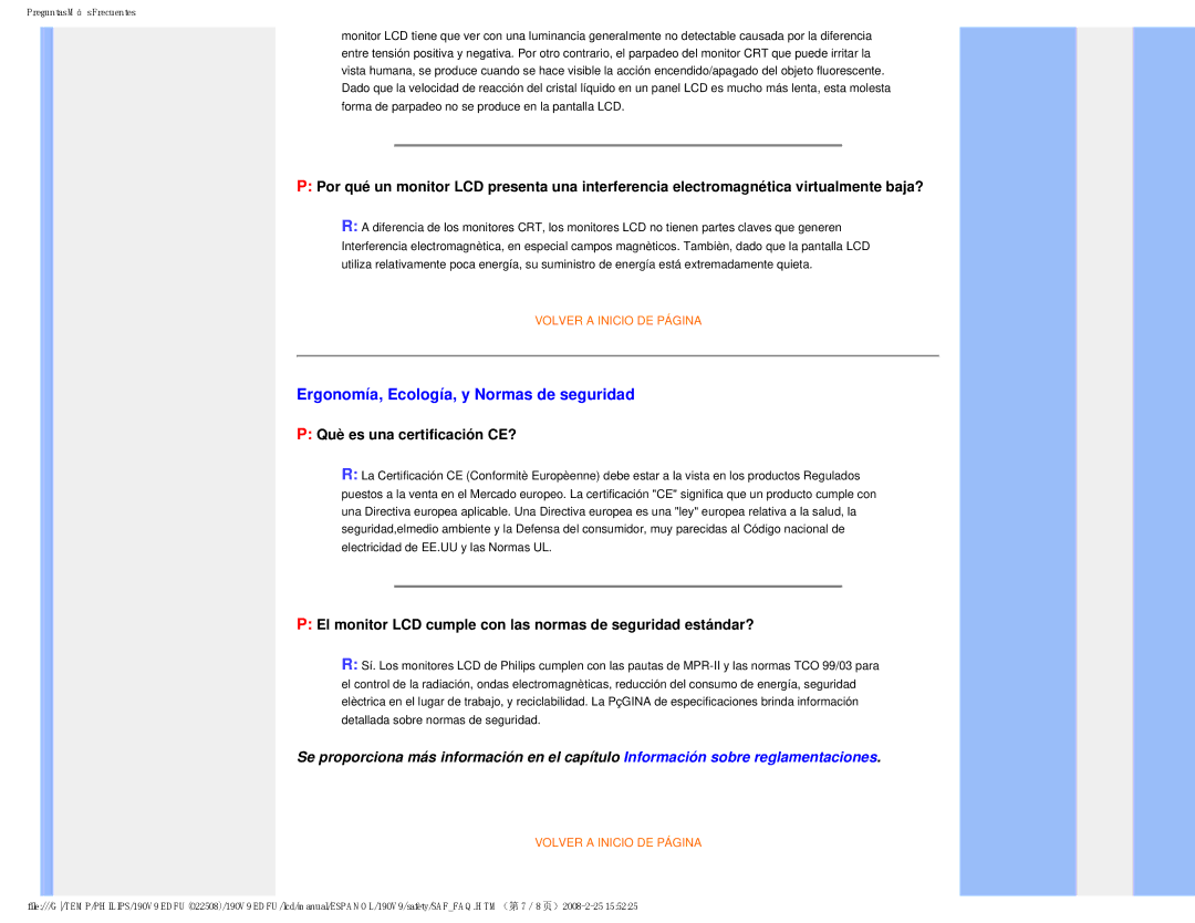 Philips 190V9 user manual Ergonomía, Ecología, y Normas de seguridad, Què es una certificación CE? 