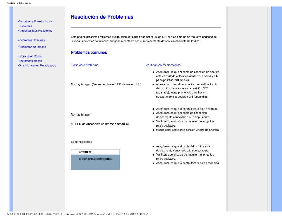 Philips 190V9 user manual Resolución de Problemas, Problemas comunes 