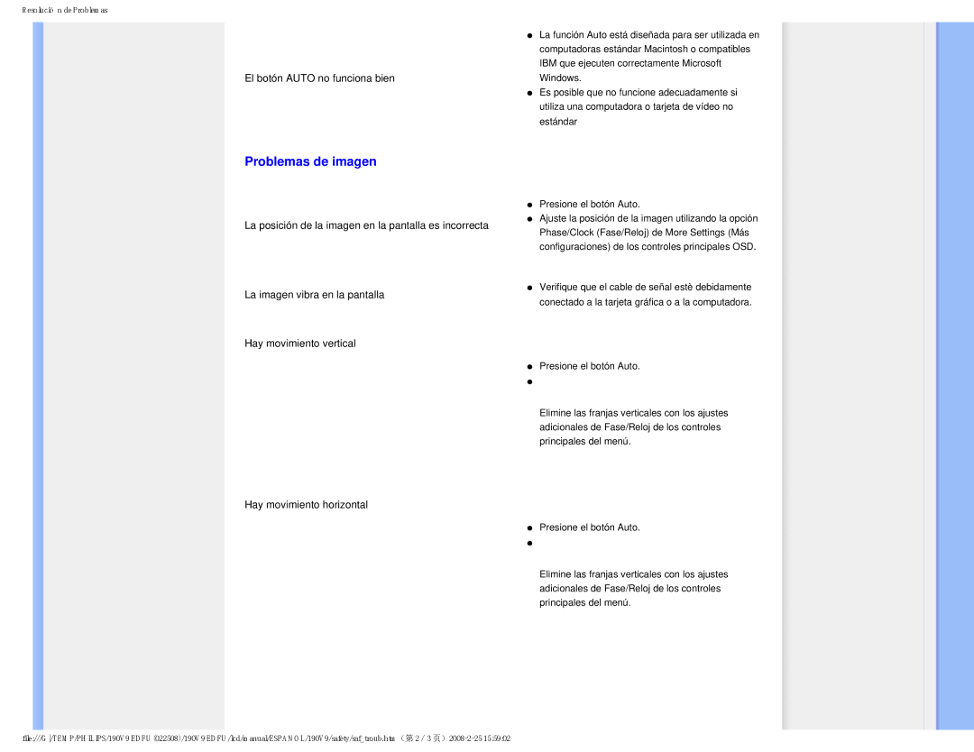 Philips 190V9 user manual Problemas de imagen 