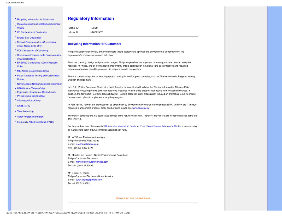 Philips 190V9 user manual Regulatory Information 