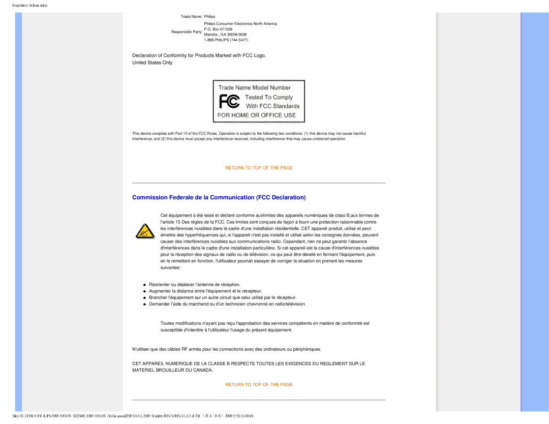 Philips 190V9 user manual Commission Federale de la Communication FCC Declaration 