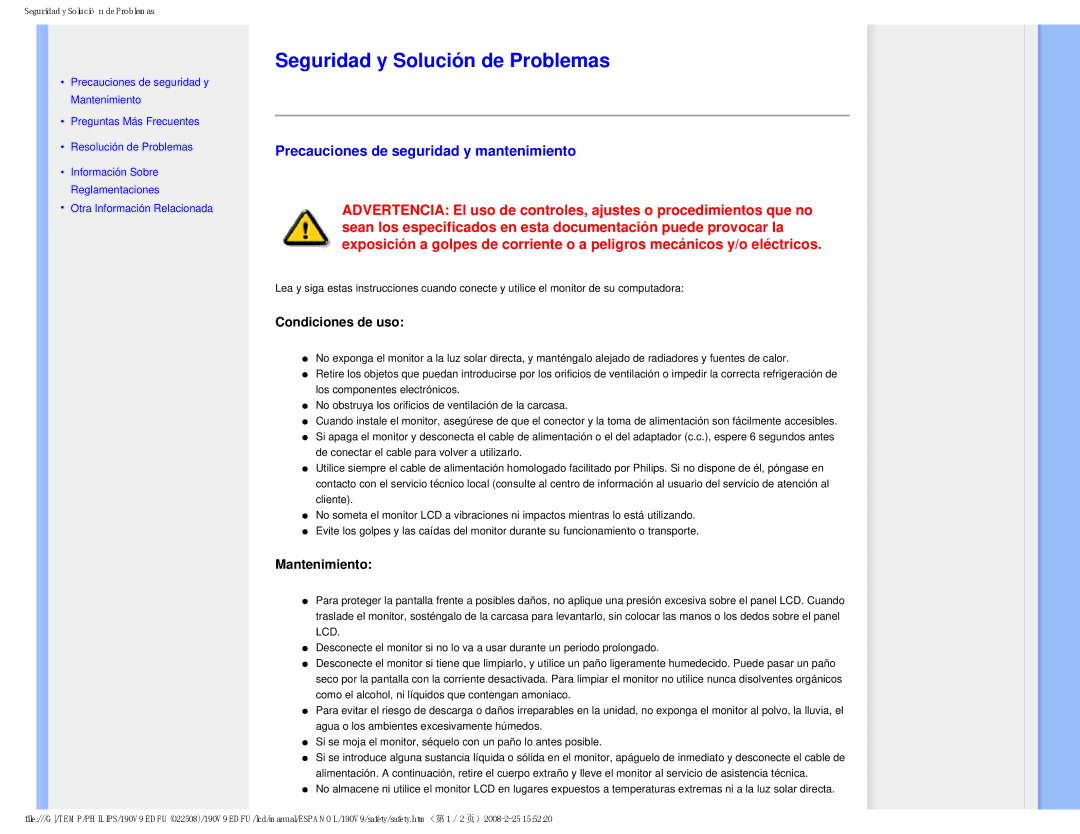 Philips 190V9 user manual Seguridad y Solución de Problemas, Precauciones de seguridad y mantenimiento, Condiciones de uso 