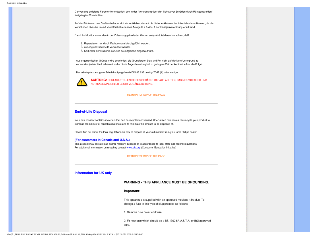 Philips 190V9 user manual End-of-Life Disposal 